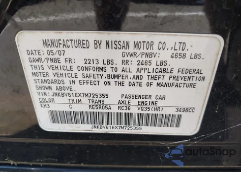 2007 Infiniti G35 Journey from USA, damaged, VIN JNKBV61EX7M725355